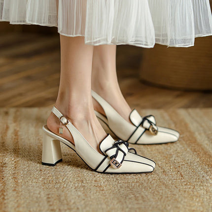 【JOCHEBED HU】2026 New Summer Retro Women's High Heels Thick Heel Square Toe Back Empty Shoes Trend 33-46