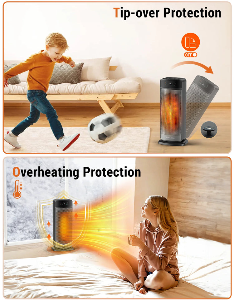 Portable Electric Heater with Remote Control 2000W PTC Ceramic Space Heater 16inch Oscillating Instant Warmth Quiet Air Blower Fan V0-Grade Fireproof Materials Overheat Protection Tilting Protection Home Appliance for Bedroom