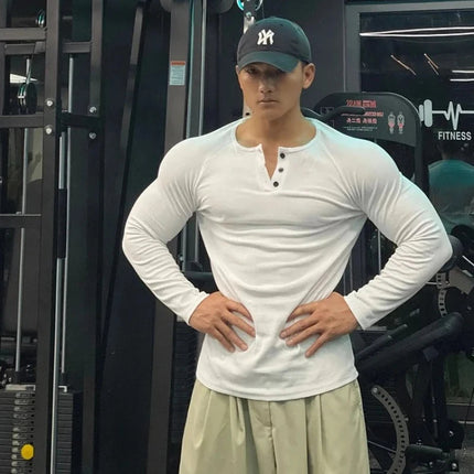 Men Sports High-Elastic Fitness Long Sleeve T-Shirt 2025 Autumn New Slim Fit Henley Collar Tshirt Men Streetwear Casual T-Shirt PlatiNum