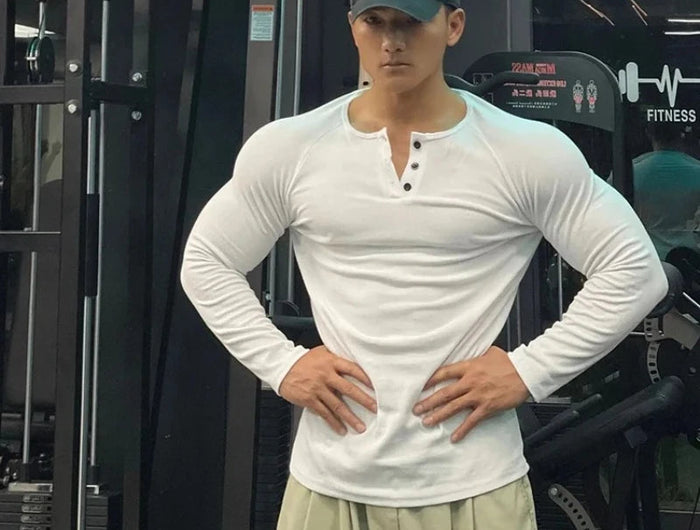 Men Sports High-Elastic Fitness Long Sleeve T-Shirt 2025 Autumn New Slim Fit Henley Collar Tshirt Men Streetwear Casual T-Shirt PlatiNum