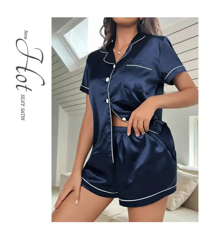 Pigiama da donna in raso di seta estivo Set Top e pantaloncini abbottonati 2 pezzi indumenti da notte colletto dentellato indumenti da notte Loungewear per le donne platinumshop