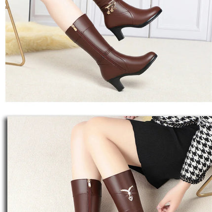 Women Comfortable Fleece Medium Boots Autumn Winter New Style Thick Heel Side Zipper Pointed Fashion High Heels Boots Elegant