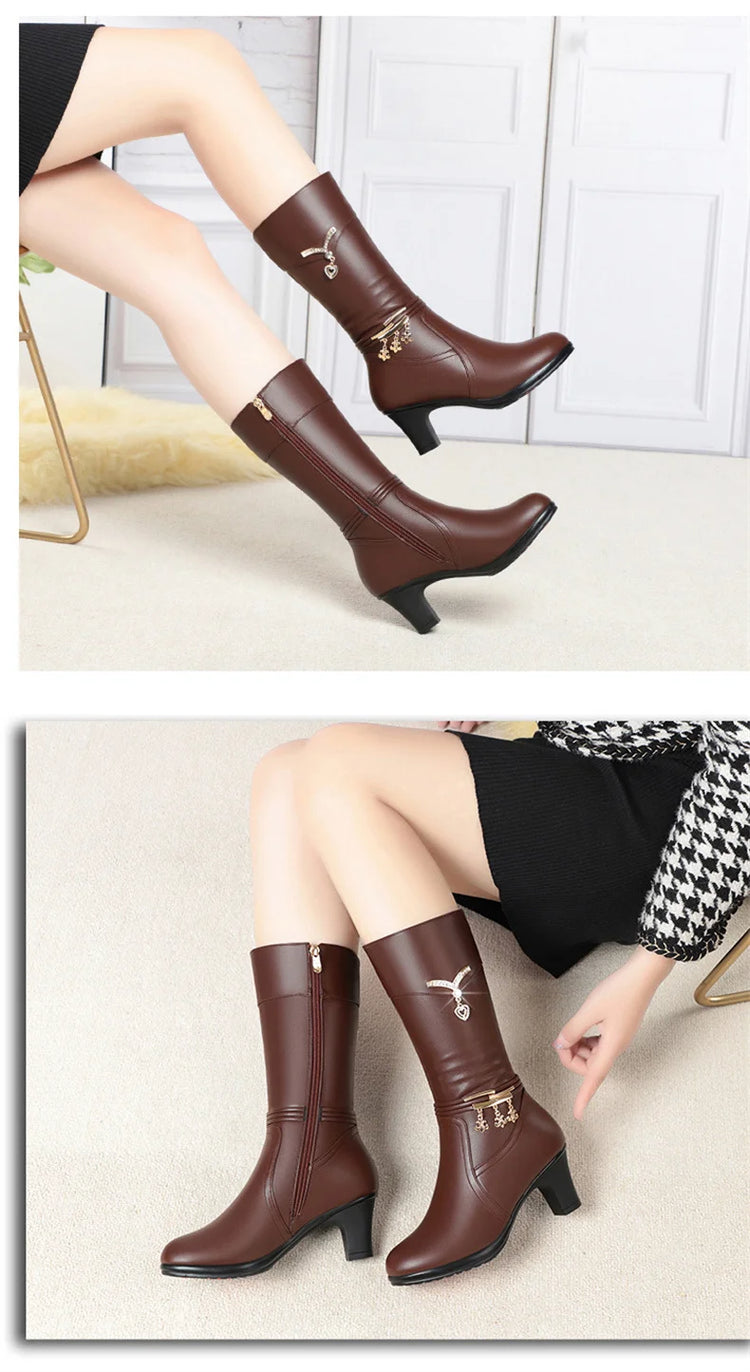 Women Comfortable Fleece Medium Boots Autumn Winter New Style Thick Heel Side Zipper Pointed Fashion High Heels Boots Elegant