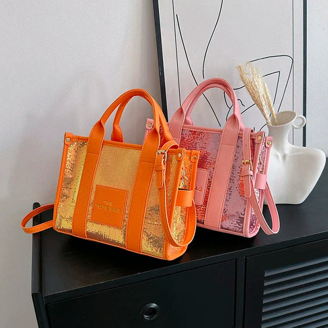 Sequins Top-Handle Bags Fashion PU Leather Shoulder Bag Large Capacity Travel Handbag Women Trendy Casual Satchel Tote Purse PlatiNum