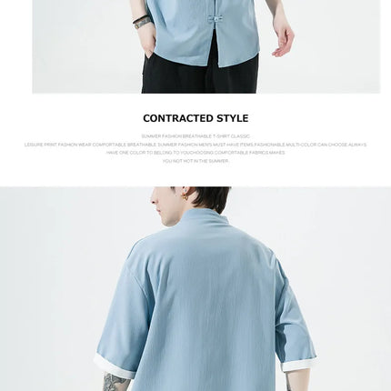 Camicie Retrò da Uomo Ricamate Stile Kung Fu Tai Chi, Camicie Casual a Maniche Corte, Stile Cinese in Lino Traspirante e Cotone per Uomo