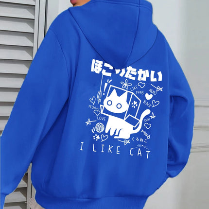 I Like Cat Heart Box Cat Print Women Hoody Autumn Fleece Hoodies Jogging Loose Streetwear Casual All-Match Female Hoodie