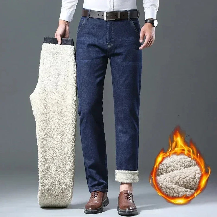 2026 New Plush Lined Business Male Trousers Winter Lamb Fluff Jeans Men Straight Denim Pants Thicken Fleece Warm Stretch Jeansy