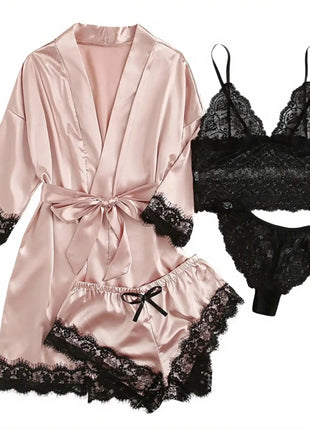 Pigiama da donna lussuoso con scollo a V in 4 pezzi camicia da notte sexy pizzo in raso halter accappatoio in raso di seta camicia da notte per la casa pigiama sexy per la casa platinumshop