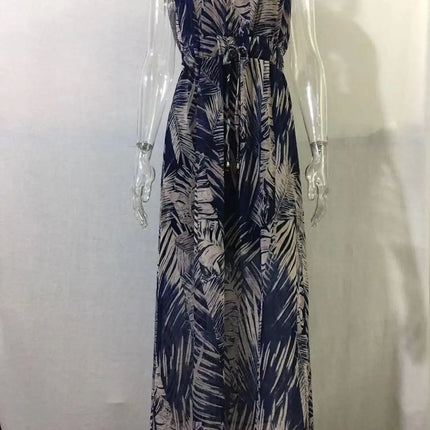 Abito da spiaggia da donna senza schienale con allacciatura Abito da spiaggia sexy con scollo a V Boho Abiti lunghi estivi Elegante stampa senza maniche Lady Maxi Dress Vestidos