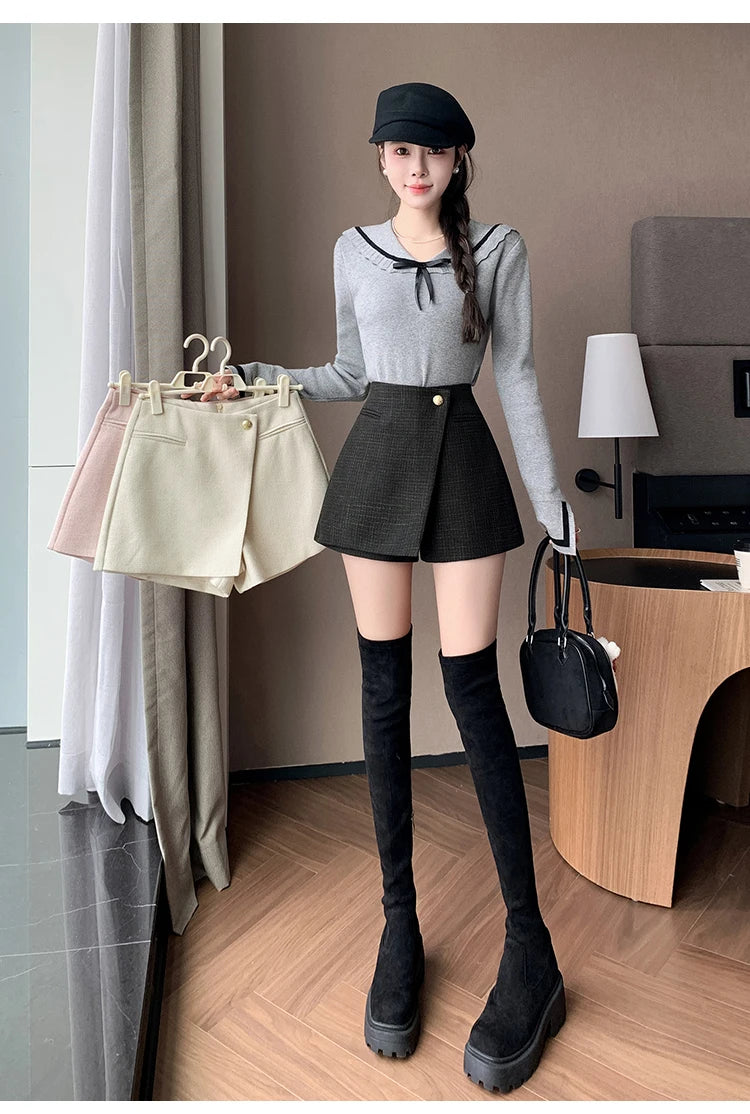 Autumn New Solid Woolen Shorts Skirt For Women 2025 New Fall Winter Small Fragrant Style Buttons Deco High Waisted Tweed Shorts