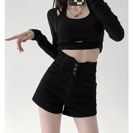 Women's super high waisted denim shorts for summer girls, new black A-line waist cinching slimming design, hot pants PlatiNum