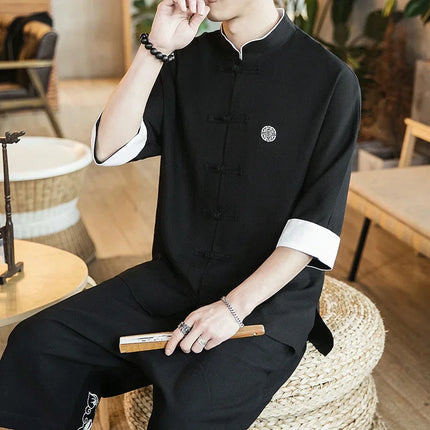 Camicia stile cinese da uomo Tang Suit Lino Kung Fu Cardigan maschile allentato Top Ricamo retrò Camicie kimono samurai giapponesi Streetwear