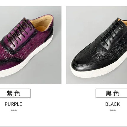 Newest 2025 Spring Men Genuine Leather Casual Sneakers Lace Up Handmade Crocodile Design Men Daily Leather Footwear Purple