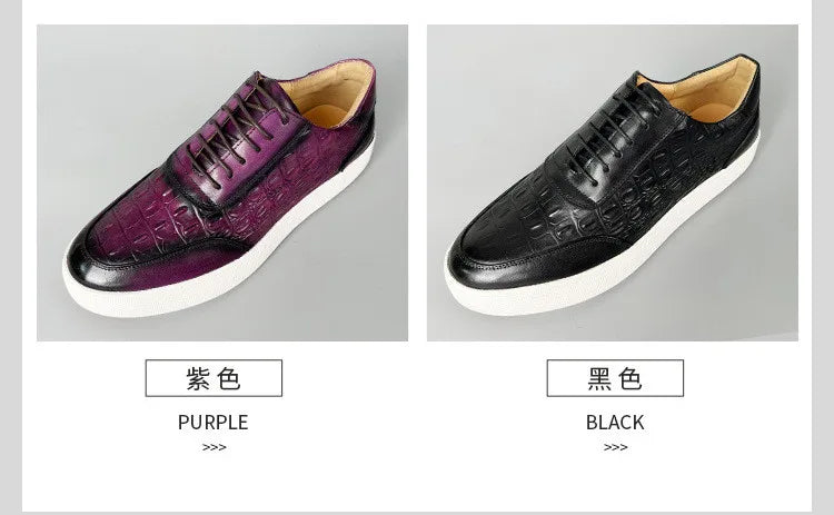 Newest 2025 Spring Men Genuine Leather Casual Sneakers Lace Up Handmade Crocodile Design Men Daily Leather Footwear Purple