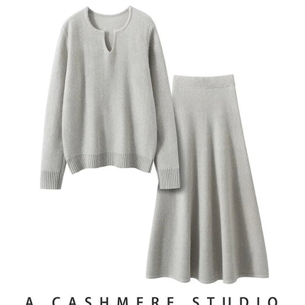 Chic Women Sweater Suite Skirt 100% Cashmere A-Line Skirt Autumn Winter Wave Skirt Elastic Knee Length Dress Sequins French Knit PlatiNum