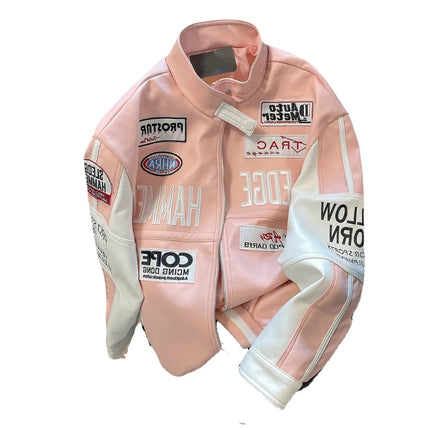 Gmiixder Motorcycle Leather Jacket Unisex High Street Hiphop Pink Bomber Jacket American Vibe Workwear Letter Baseball Uniform
