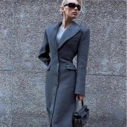 Women's Long Coat Slim V Neck Single Breasted Overcoats Shoulder Pad Maxi Jackets with Belt 2025 New Winter Lady Commute Outwear