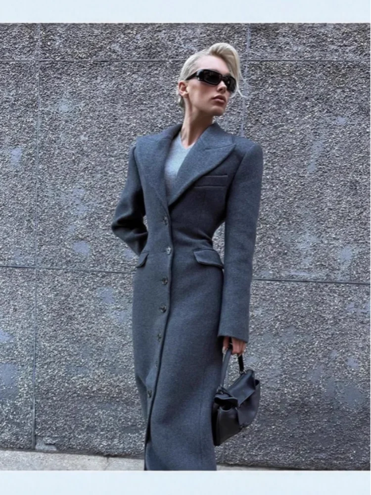 Women's Long Coat Slim V Neck Single Breasted Overcoats Shoulder Pad Maxi Jackets with Belt 2025 New Winter Lady Commute Outwear