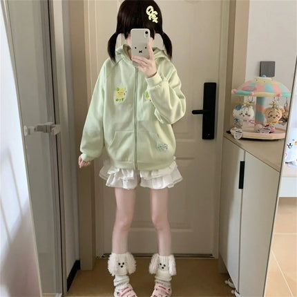 Women Clothing Anime Zip-up Hoodie Jackets Cat Embroidery Cute Outerwear Hooded Casual Fashion Sweatshirts Japanese Cute Tops
