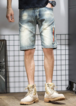 Pantaloncini di jeans da uomo estivi Retro moto cotone elastico moda jeans corti al ginocchio cerniera Hip Hop Rock Streetwear
