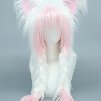 Long Plush Cat Ear Hat Fox Ear Double Braid Caps Cute Lolita Anime Fall Winter Cap Y2K Anime Cosplay Accessories