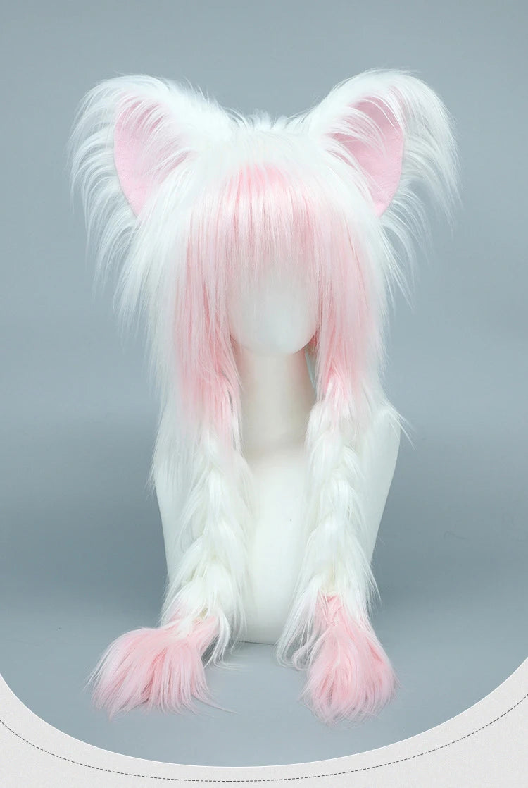 Long Plush Cat Ear Hat Fox Ear Double Braid Caps Cute Lolita Anime Fall Winter Cap Y2K Anime Cosplay Accessories