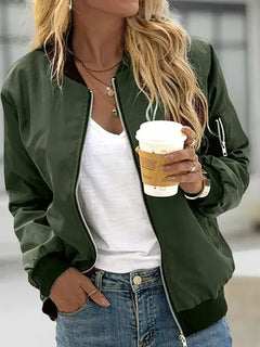 Autumn Solid Color O-neck Zipper Women's Jackets Vintage Long Sleeve Cool Girl Bomber Jacket Daily Black Casual Ladies Clothing