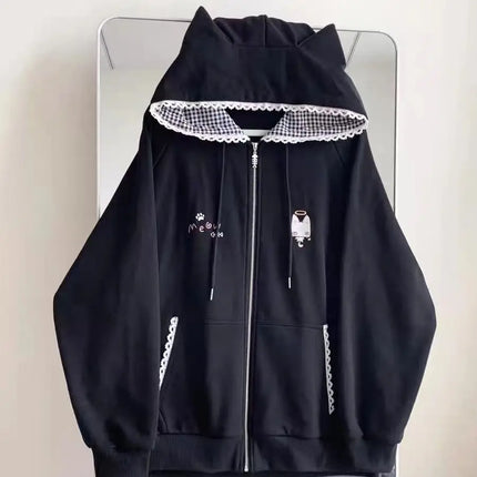 Zipper Hoodie Gothic Cartoon Kawaii Cat Ear Y2k Jacket Zip Up Thin Coat Spring Autumn Cute Core 2000s Clothes Fall Sweatshirts