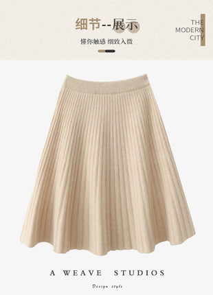 Korean Skirt 100% Merino Wool Women's Knitted Mini Skirt Autumn and Winter Women's Fashion Solid Color Small Umbrella Skirt PlatiNum