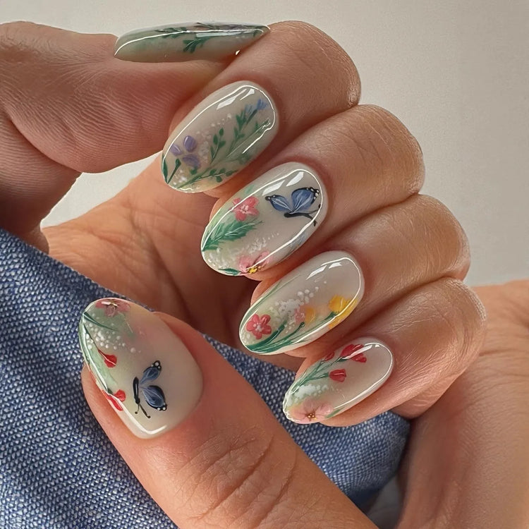 24pcs Pink Flower Almond Press on Nails Kawaii False Nails Wearable Stick-on Nails Fake Nail Uñas Postizas Накладные Ногти 네일팁2028