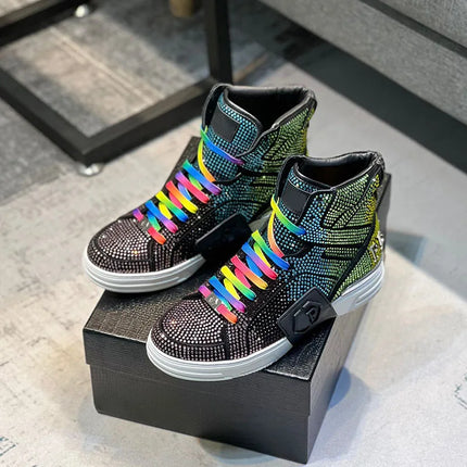 Luxury Designer's Autumn Winter New Men's Sneakers Water Diamond High Top Men's Running Shoes Fashion Leather Casual Short Boots