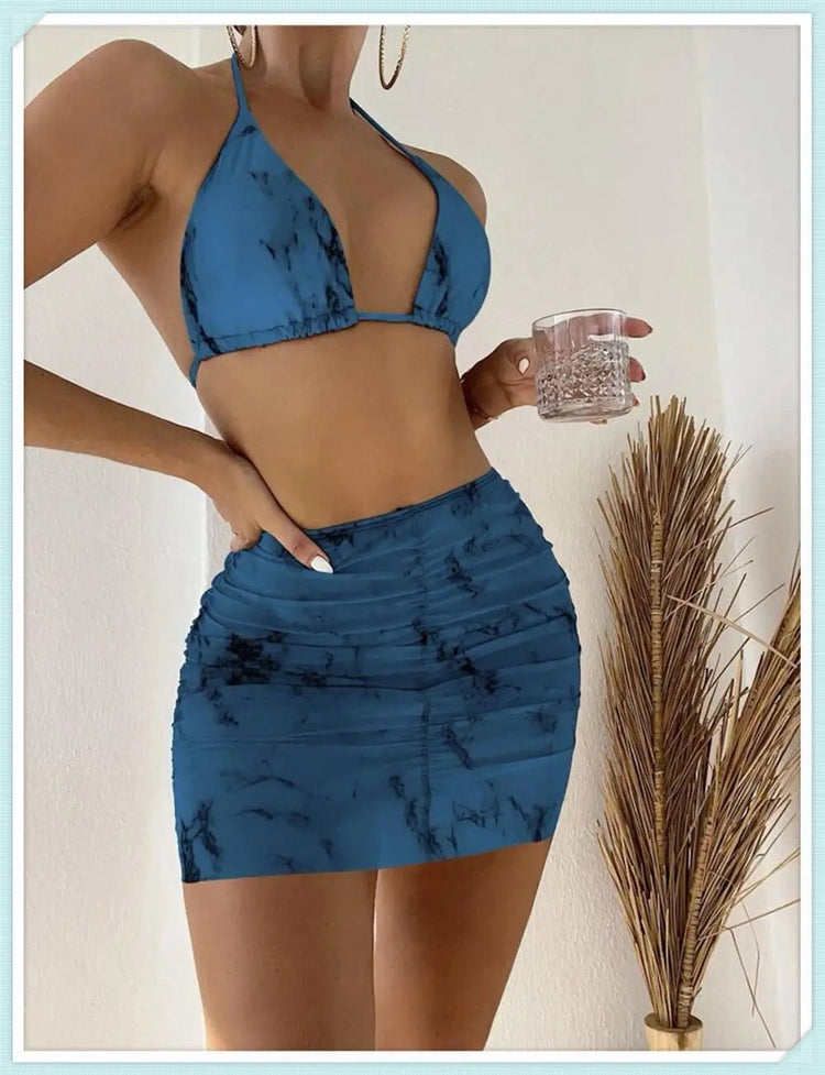 3 pezzi perizoma Bikini con gonna marmo texture costume da bagno donna costume da bagno Set costumi da bagno femminili abbigliamento da spiaggia nuoto estate platinumshop