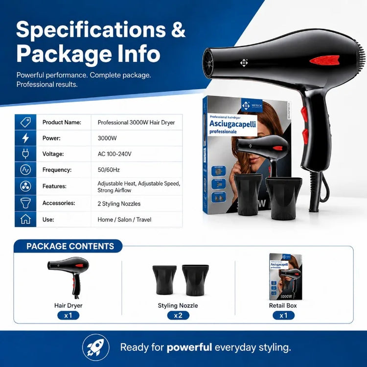 Professional 3000W Hair Dryer 100‑240V Dual Voltage Blow Dryer Adjustable Heat Speed With Nozzles For Home Salon Travel Hair Styling