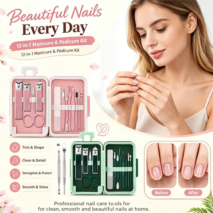12 Pcs Manicure Set Stainless Steel Nail Clipper Kit with Travel Case Pedicure Grooming Tools 12 in 1 Portable Nail Care Durable Toenail Trimmer Fingernail Cutter for Thanksgiving Team Employee Appreciation Holiday Present