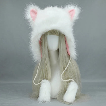 Y2K Gothic Punk Cat Ear Hat with Cross Wing Chain Decoration Plush Warm Winter Subculture Goth Rock Musi Cap Bombero Gorro Ruso