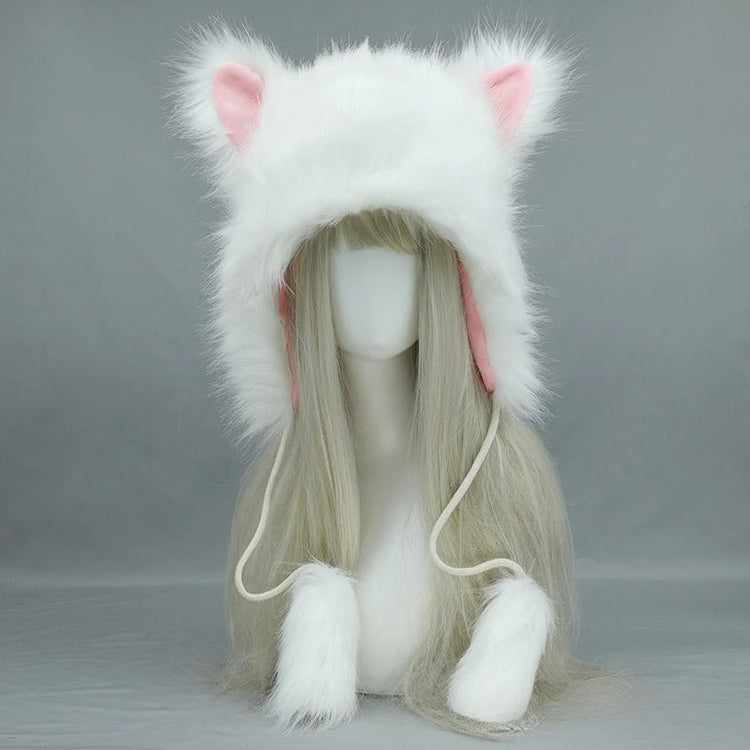 Y2K Gothic Punk Cat Ear Hat with Cross Wing Chain Decoration Plush Warm Winter Subculture Goth Rock Musi Cap Bombero Gorro Ruso