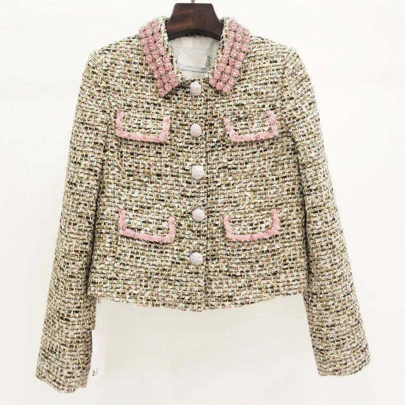 2025 Hot Sale Elegant Female Pink Shiny Diamonds Tweed Jackets Single Breasted Chic Tops Work Lady Slim Fit Coat Casual Blazers