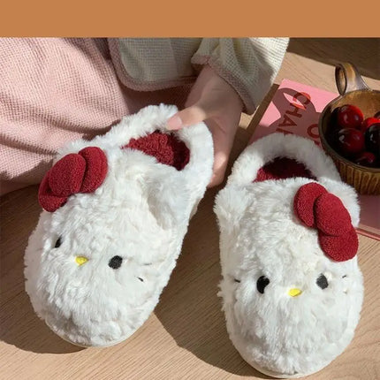 San-Rio Cute Girls Plush Slippers Cartoon Hello Kitty Winter Women Warm Cotton Shoes Female Kawaii Home Thick Sole Shoes Outdoor