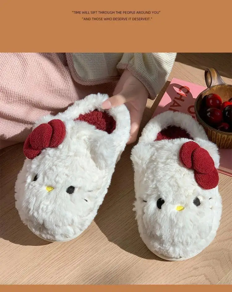 San-Rio Cute Girls Plush Slippers Cartoon Hello Kitty Winter Women Warm Cotton Shoes Female Kawaii Home Thick Sole Shoes Outdoor