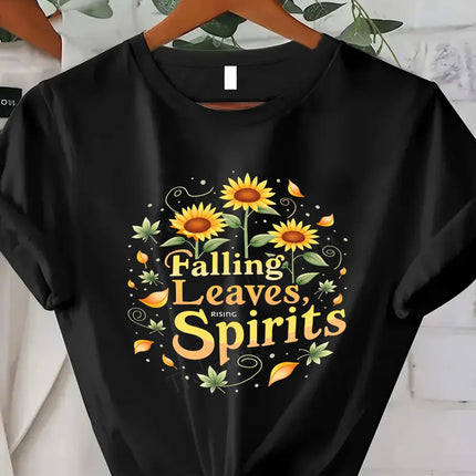 Comoda maglietta da donna con stampa "T-shirt Falling Leaves Rising Spirits - Maglietta con grafica floreale autunnale"