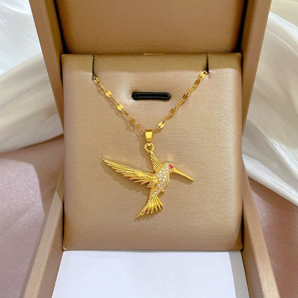EILIECK 316L Stainless Steel Shine Cubic Zirconia Swan Pendant Necklace Gold Color Texture Metal Personalized Jewelry Neck Chain PlatiNum