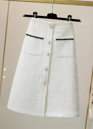 Women's Mid-Length/Short White Black Tweed High-Waist Woolen A-Line Autumn Winter Fragrant Silk Skirt PlatiNum