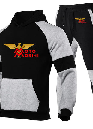 2024 Spring Autumn Men's Moto Morini Logo Print Sports Splicing Cotton Hooded Tracksuit+Jogging Sweatpants Trend Comfortable Set PlatiNum