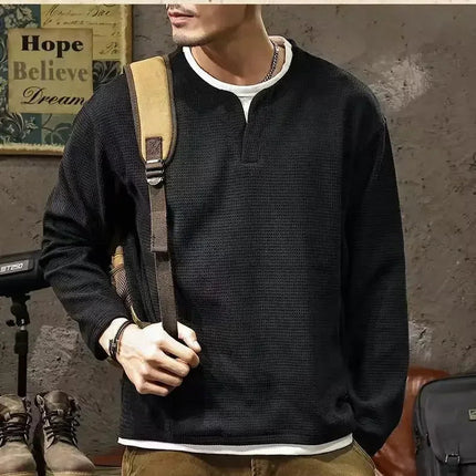 Spring and Autumn New Men Henley neck T Shirt Long Sleeve Casual  Solid color T-Shirt Fashion Waffle Fake two-piece Sweatshirts PlatiNum