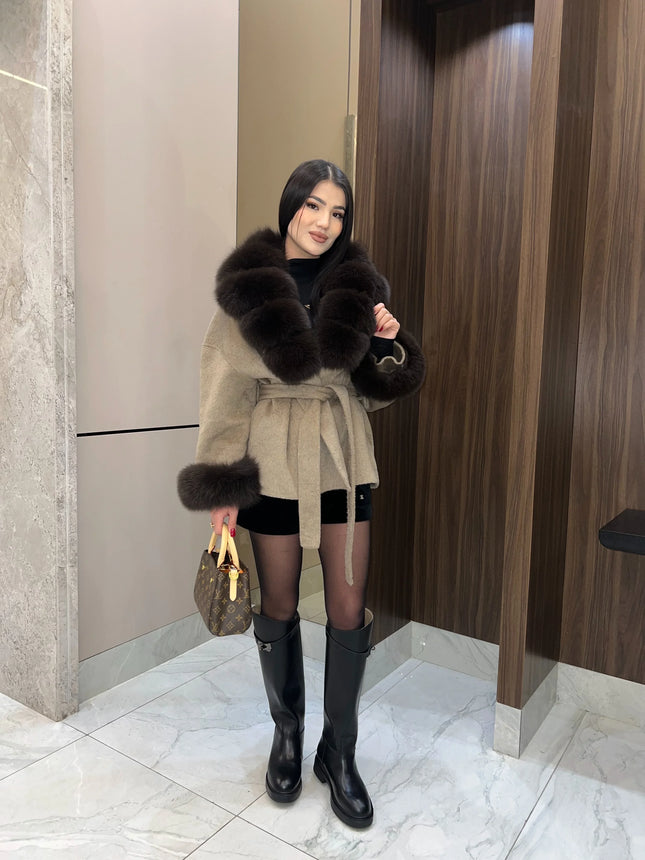 Solid Color Faux Fur Collar Cuff Wool Coat Women Belted Waist Short Jacket 2026 Winter Lady Street Daily Party Casual Outwear