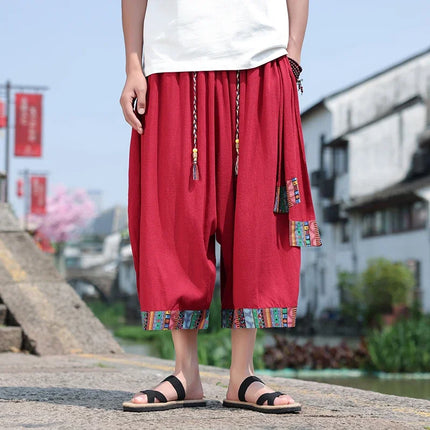 Pantaloncini kimono giapponese Costume da samurai in lino da uomo Ukiyo-e Cintura con stampa Pantaloni a gamba larga Retro Haori Pantaloni casual larghi Harajuku da uomo
