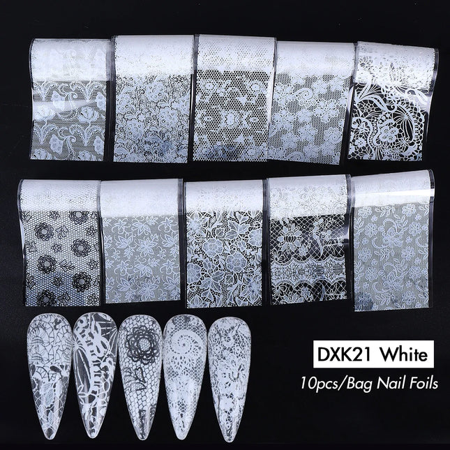 10PCS Mixed Nail Art Foils Transfer Sticker Set Rose Flower Designs Floral Starry Sky Nail Wraps Wedding Summer Manicure Decor