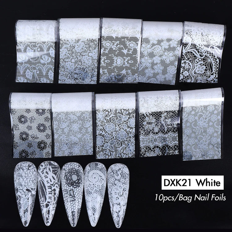 10PCS Mixed Nail Art Foils Transfer Sticker Set Rose Flower Designs Floral Starry Sky Nail Wraps Wedding Summer Manicure Decor