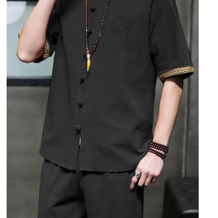 Camicie da Uomo Ricamate in Stile Cinese Retrò, Traspiranti in Lino, Comode, Casual Kung Fu, Abito Tang con Colletto Rialzato