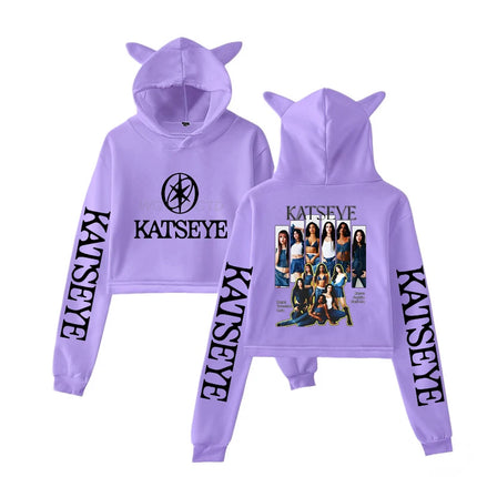 Harajuku Fashion Streetwear Girls Hoodie KATSEYE New Street Style Cat Ear Crop Tops Pullover Girl Vintage Gothic Y2k Sweatshirts